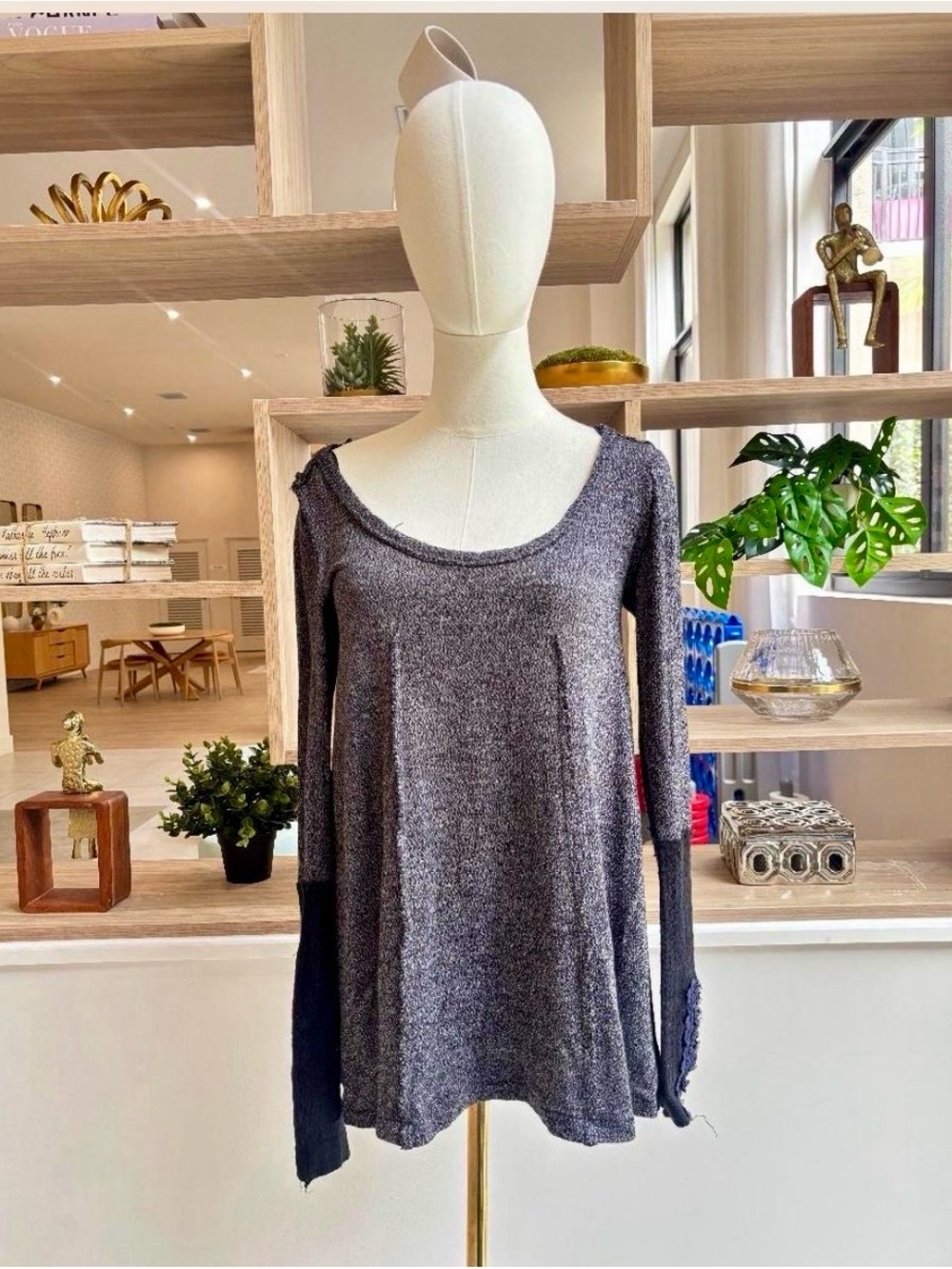 Free People Knit Tunic Top Charcoal Grey Crochet Cuff Detail Small